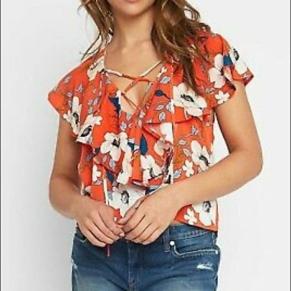 Abbeline Floral Ruffle Blouse in Red Orange sz M
